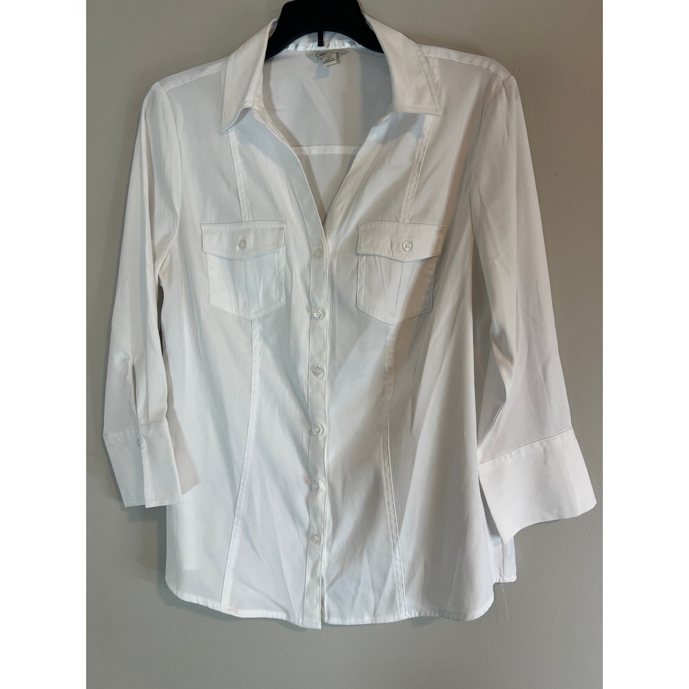 Cato Womens White 3/4 Sleeve Button Down Shirt Blouse  M Stretch Pocket Front
